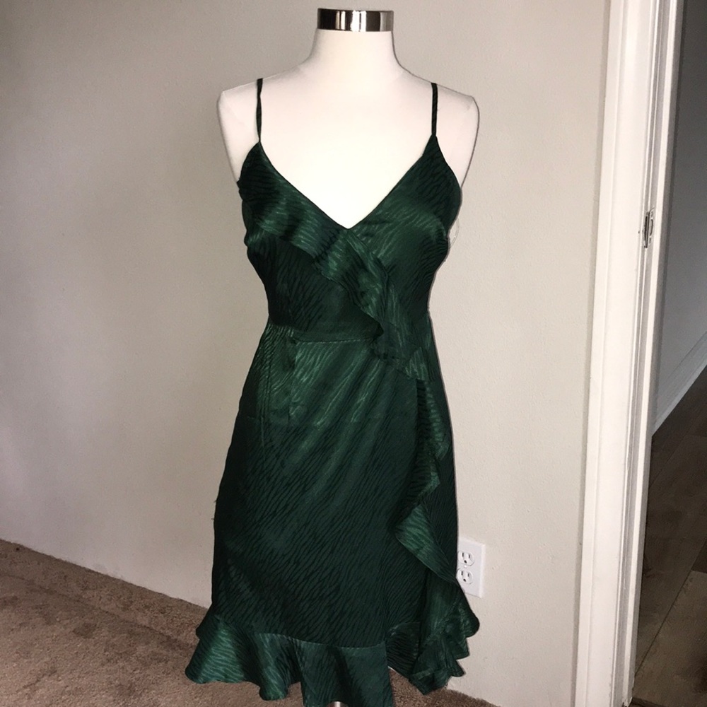 Lulus green zebra silky dress small salsa ruffle